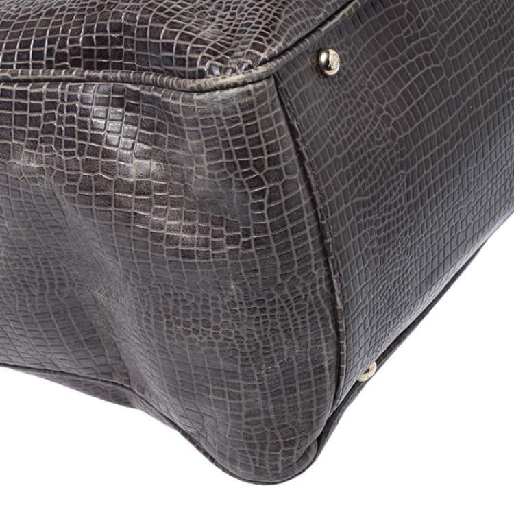 Pre Owned Emporio Armani Olive Green Croc Embossed Leather Front Pocket Tote