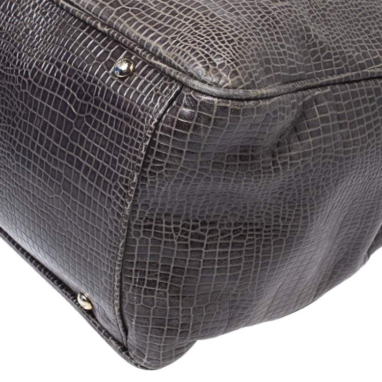 Pre Owned Emporio Armani Olive Green Croc Embossed Leather Front Pocket Tote
