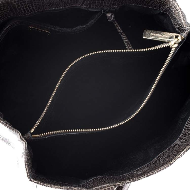 Pre Owned Emporio Armani Olive Green Croc Embossed Leather Front Pocket Tote
