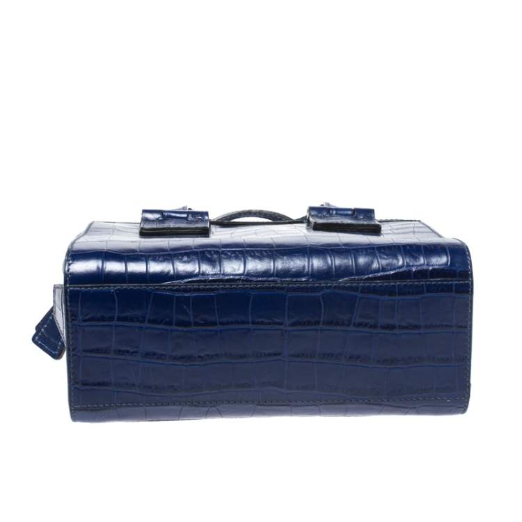 Pre Owned Emporio Armani Blue Croc Embossed Leather Satchel 