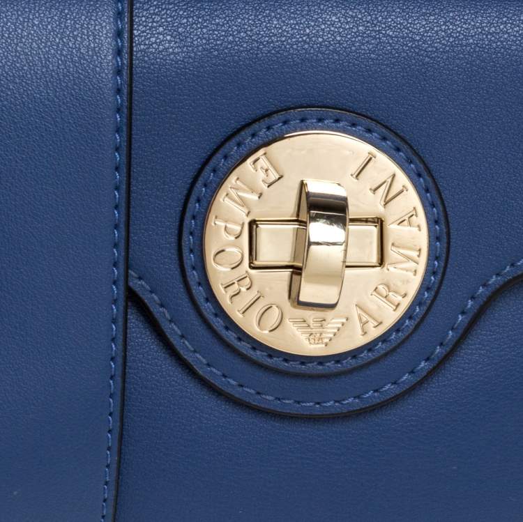 Pre Owned Emporio Armani Blue Leather Turnlock Crossbody Bag