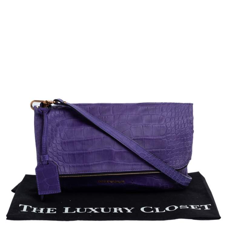 Pre Owned Emporio Armani Purple Croc Emboseed Leather Fold Over Shoulder Bag
