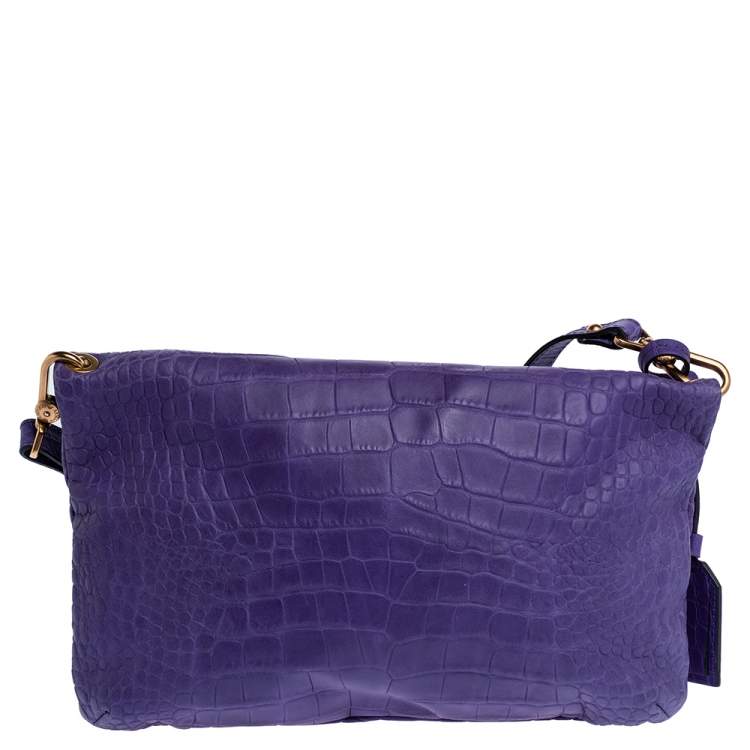 Pre Owned Emporio Armani Purple Croc Emboseed Leather Fold Over Shoulder Bag