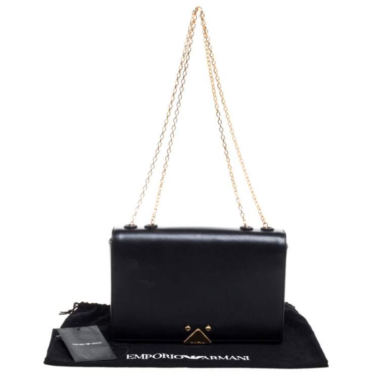 Pre Owned Emporio Armani Black Leather Flap Shoulder Bag