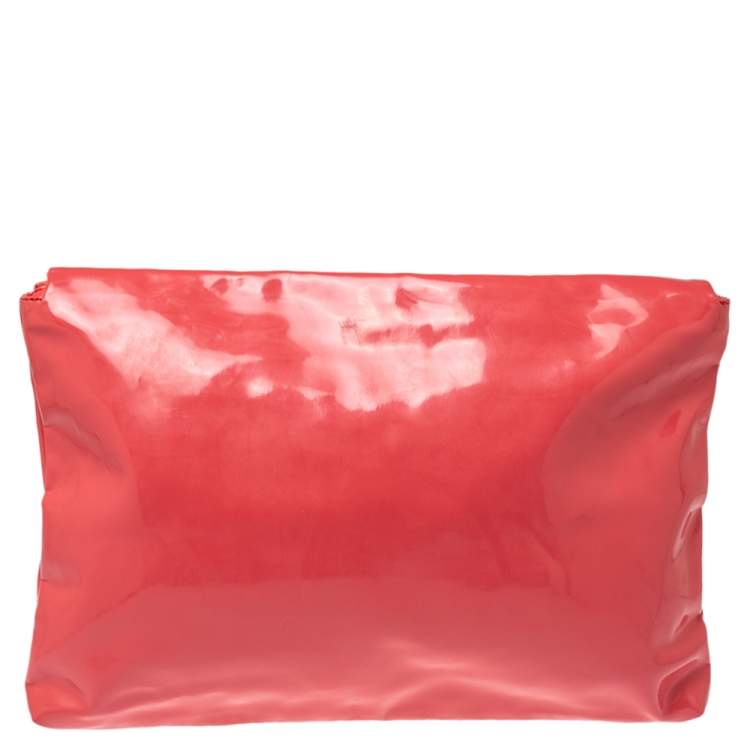 Pre Owned Emporio Armani Coral Pink Patent Leather Flap Oversized Clutch