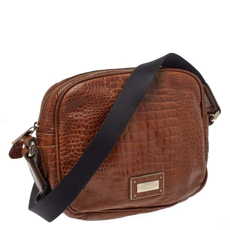 Pre Owned Emporio Armani Brown Croc Embossed Leather Logo Plaque Crossbody Bag