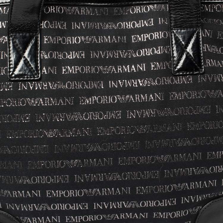 Pre Owned Emporio Armani Black Logo Print Canvas and Leather Tote