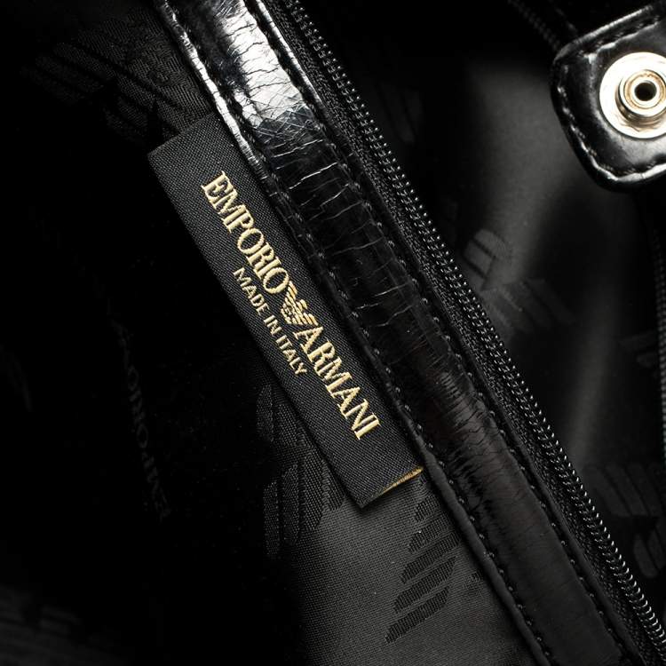 Pre Owned Emporio Armani Black Logo Print Canvas and Leather Tote