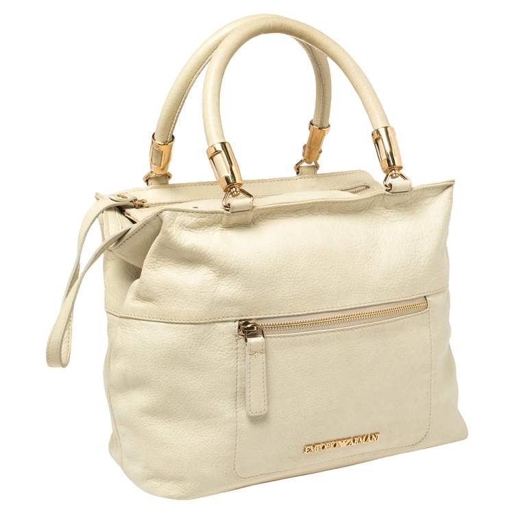 Pre Owned Emporio Armani Pale Green Leather Double Zip Tote