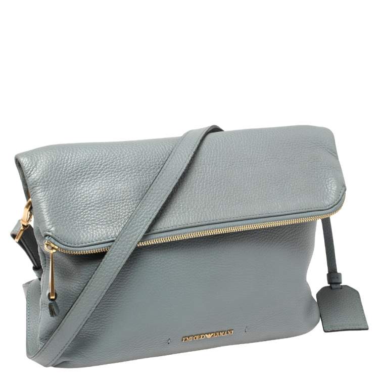 Pre Owned Emporio Armani Ash Blue Leather Zip Flap Convertible Shoulder Bag
