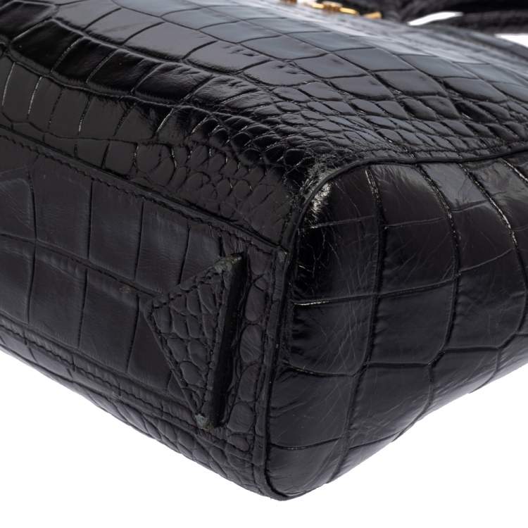 Pre Owned Emporio Armani Black Croc Embossed Leather Satchel
