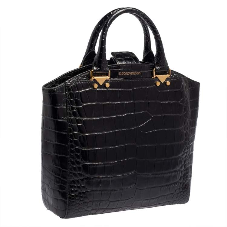 Pre Owned Emporio Armani Black Croc Embossed Leather Satchel