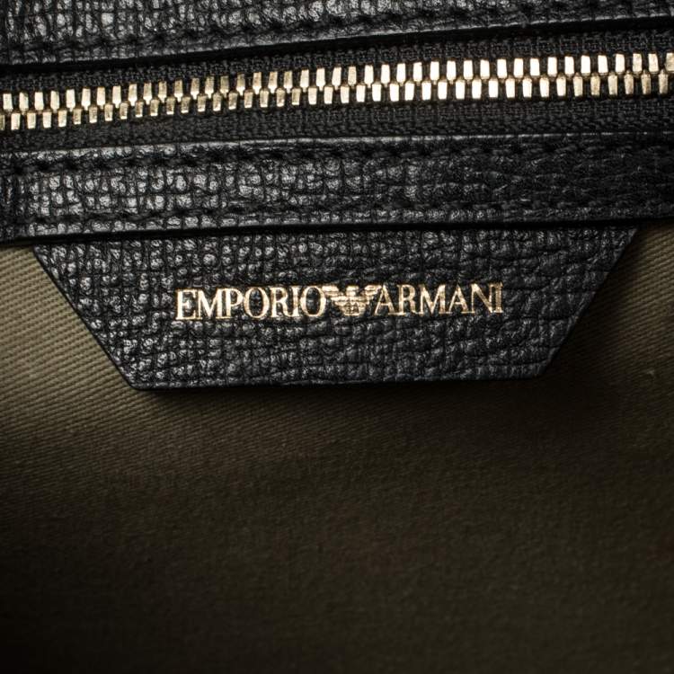 Pre Owned Emporio Armani Black Leather And Croc Embossed Leather Pushlock Flap Top Handle 