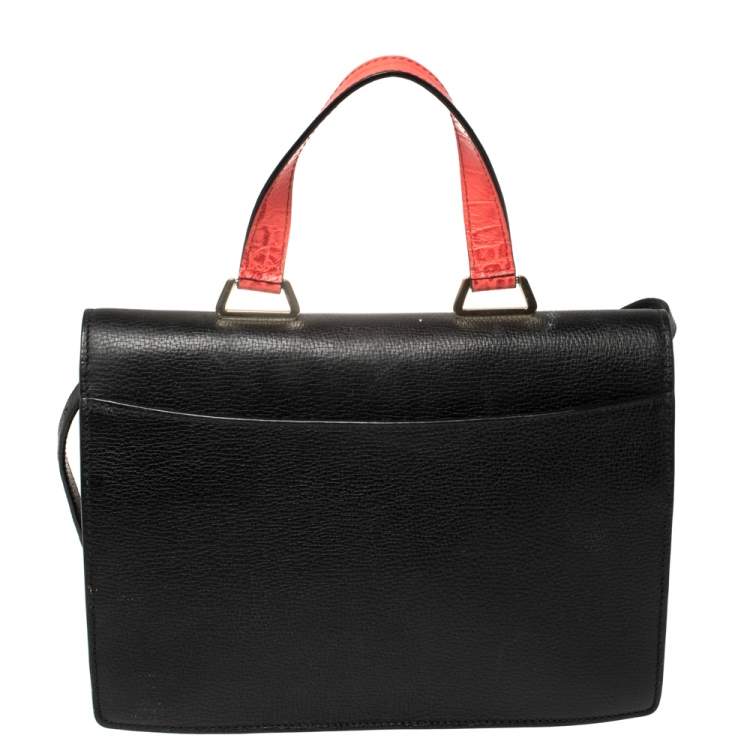 Pre Owned Emporio Armani Black Leather And Croc Embossed Leather Pushlock Flap Top Handle 