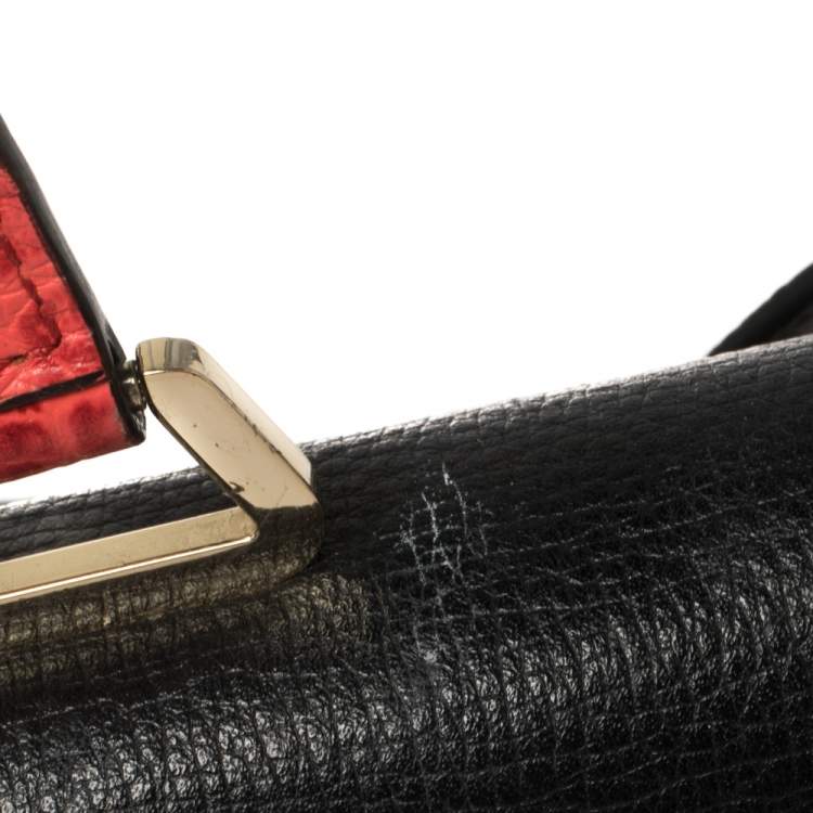 Pre Owned Emporio Armani Black Leather And Croc Embossed Leather Pushlock Flap Top Handle 