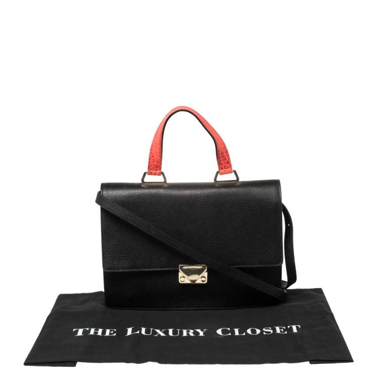 Pre Owned Emporio Armani Black Leather And Croc Embossed Leather Pushlock Flap Top Handle 