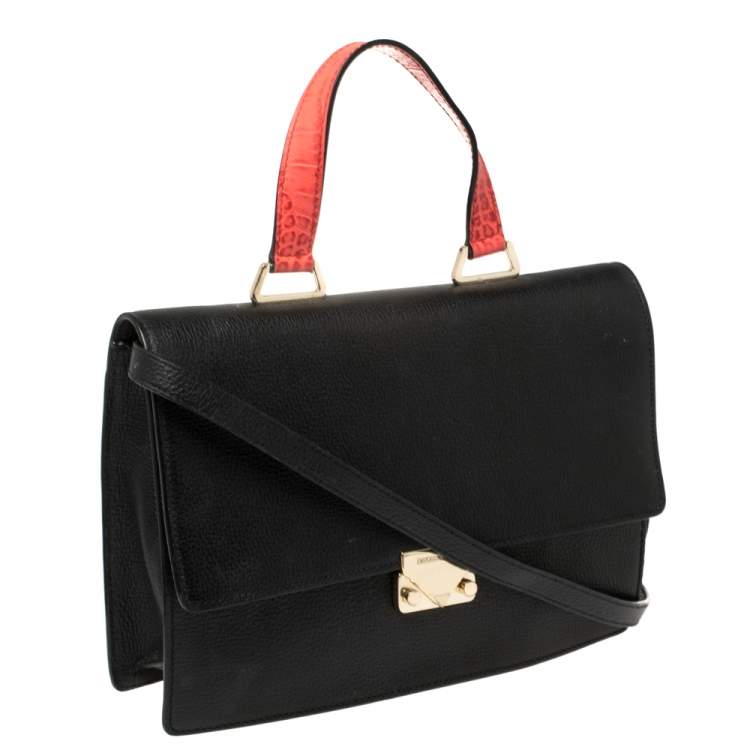 Pre Owned Emporio Armani Black Leather And Croc Embossed Leather Pushlock Flap Top Handle 