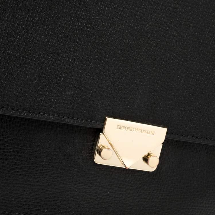Pre Owned Emporio Armani Black Leather And Croc Embossed Leather Pushlock Flap Top Handle 
