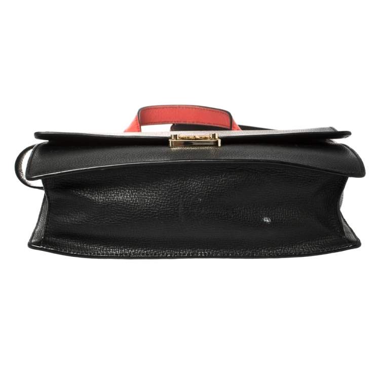 Pre Owned Emporio Armani Black Leather And Croc Embossed Leather Pushlock Flap Top Handle 