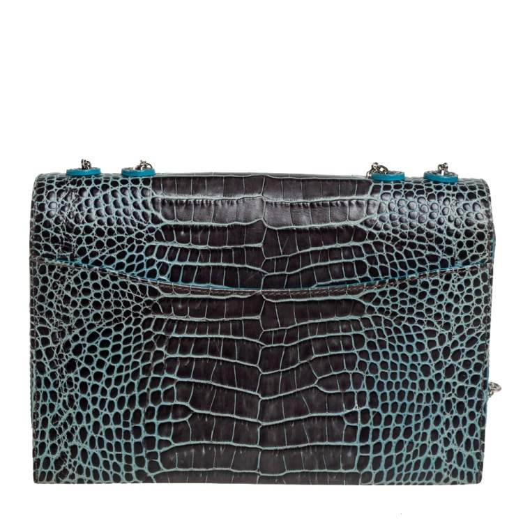Pre Owned Emporio Armani Blue/Black Croc Embossed Leather Flap Crossbody Bag