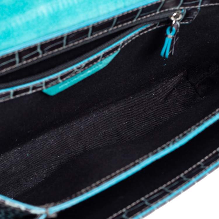 Pre Owned Emporio Armani Blue/Black Croc Embossed Leather Flap Crossbody Bag