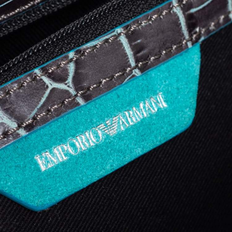 Pre Owned Emporio Armani Blue/Black Croc Embossed Leather Flap Crossbody Bag