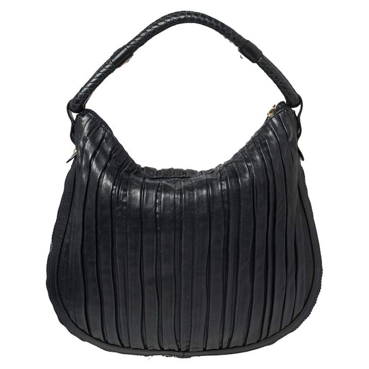 Pre Owned Emporio Armani Navy Blue Pleated Leather Expandable Hobo