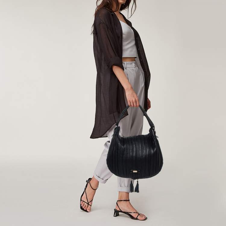 Pre Owned Emporio Armani Navy Blue Pleated Leather Expandable Hobo