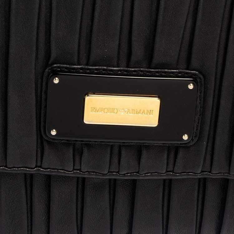 Pre Owned Emporio Armani Black Leather Pleated Crossbody Bag