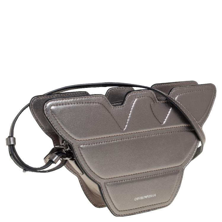 Pre Owned Emporio Armani Metallic Grey Leather Structured Logo Crossbody Bag