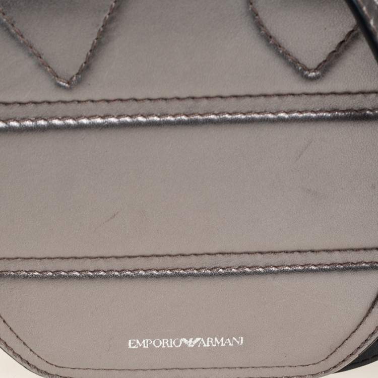 Pre Owned Emporio Armani Metallic Grey Leather Structured Logo Crossbody Bag