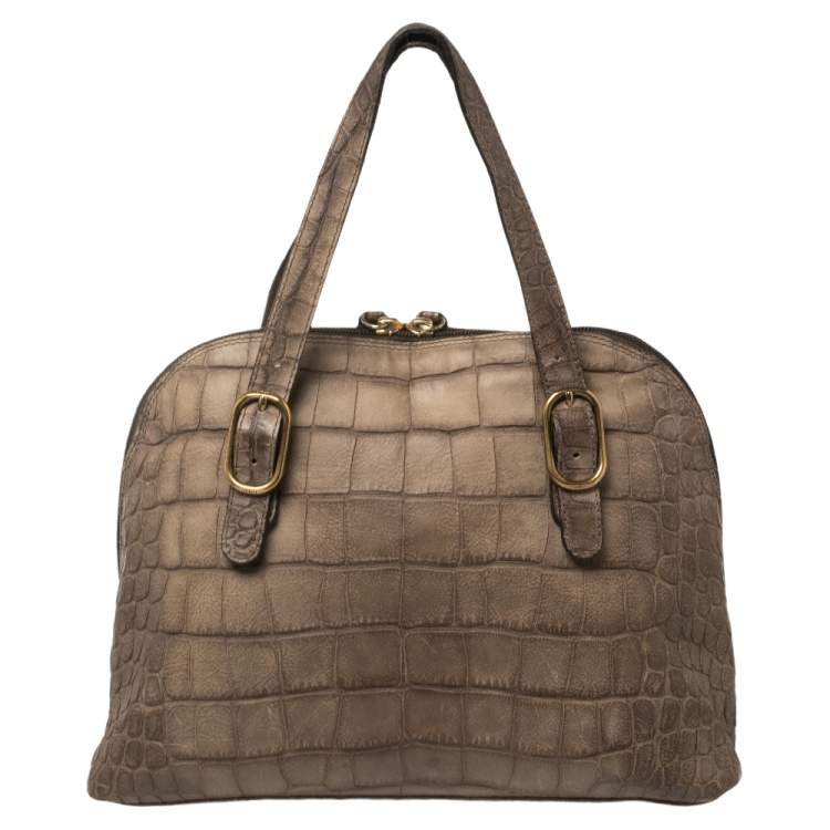 Pre Owned Emporio Armani Taupe Croc Embossed Leather Dome Satchel