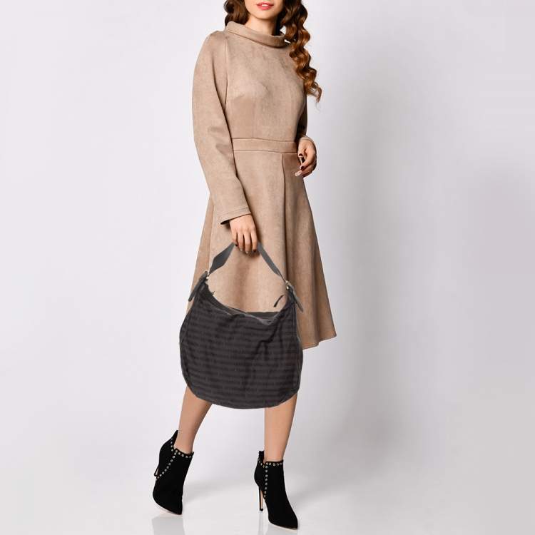 Pre Owned Emporio Armani Grey Signature Canvas and Leather Zip Hobo