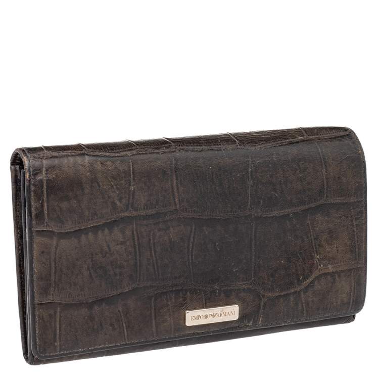 Pre Owned Emporio Armani Black Croc Embossed Leather Flap Wallet