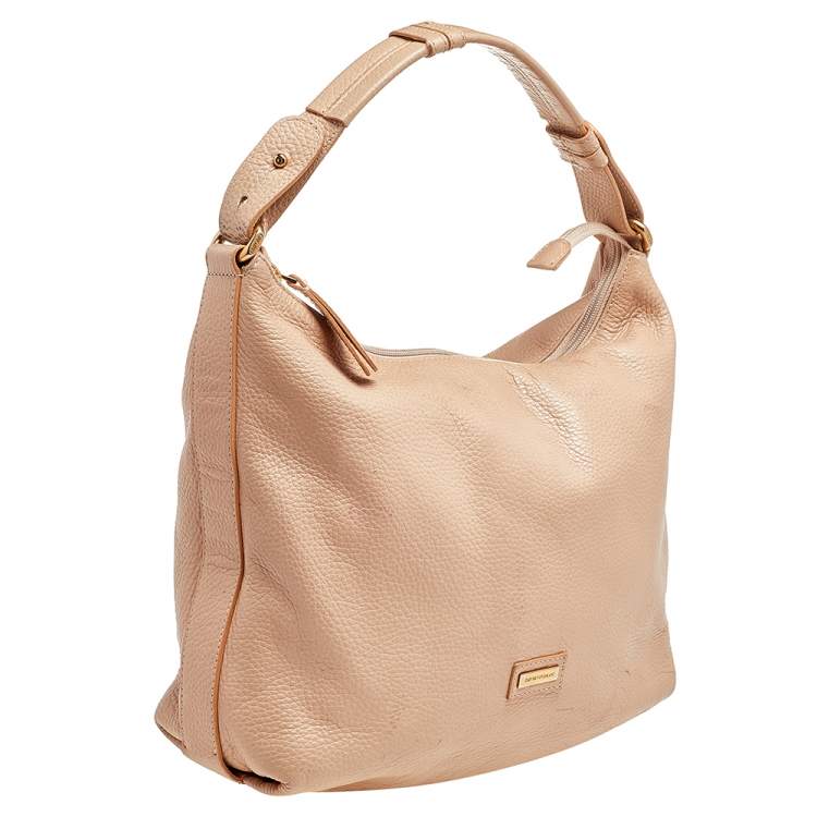 Pre Owned Emporio Armani Peach Pebbled Leather Top Zip Hobo