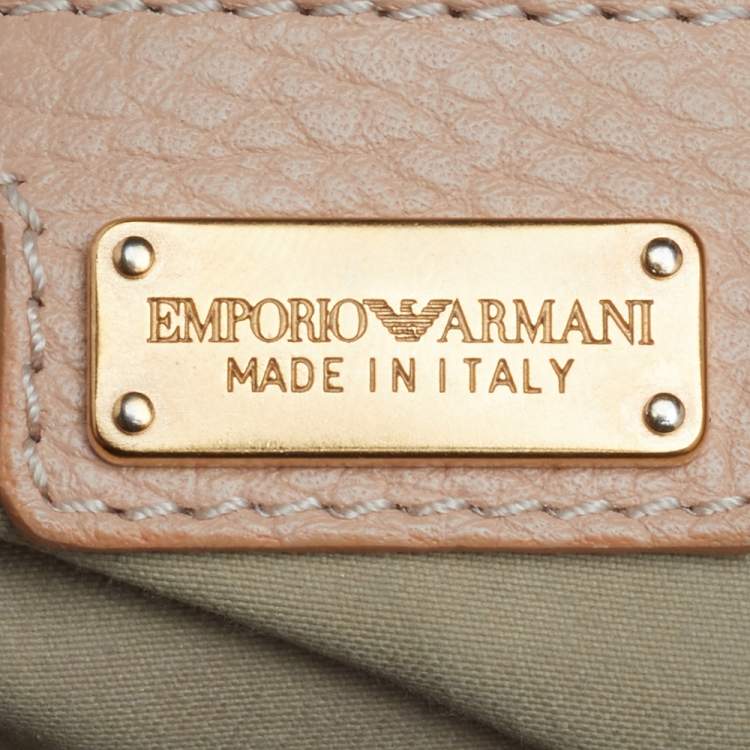 Pre Owned Emporio Armani Peach Pebbled Leather Top Zip Hobo
