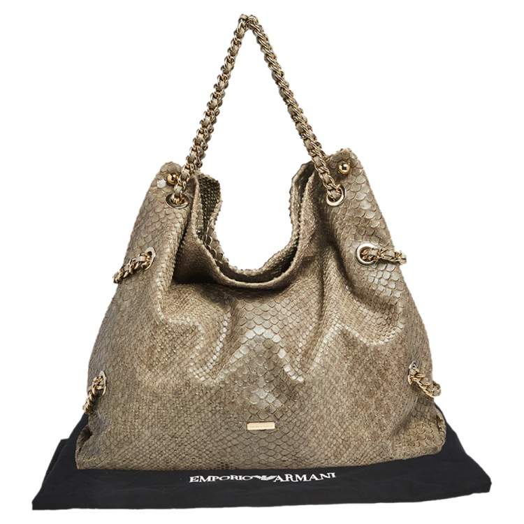 Pre Owned Emporio Armani Green Glittery Snakeskin Embossed Leather Chain Detail Hobo
