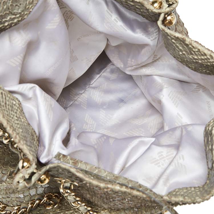 Pre Owned Emporio Armani Green Glittery Snakeskin Embossed Leather Chain Detail Hobo