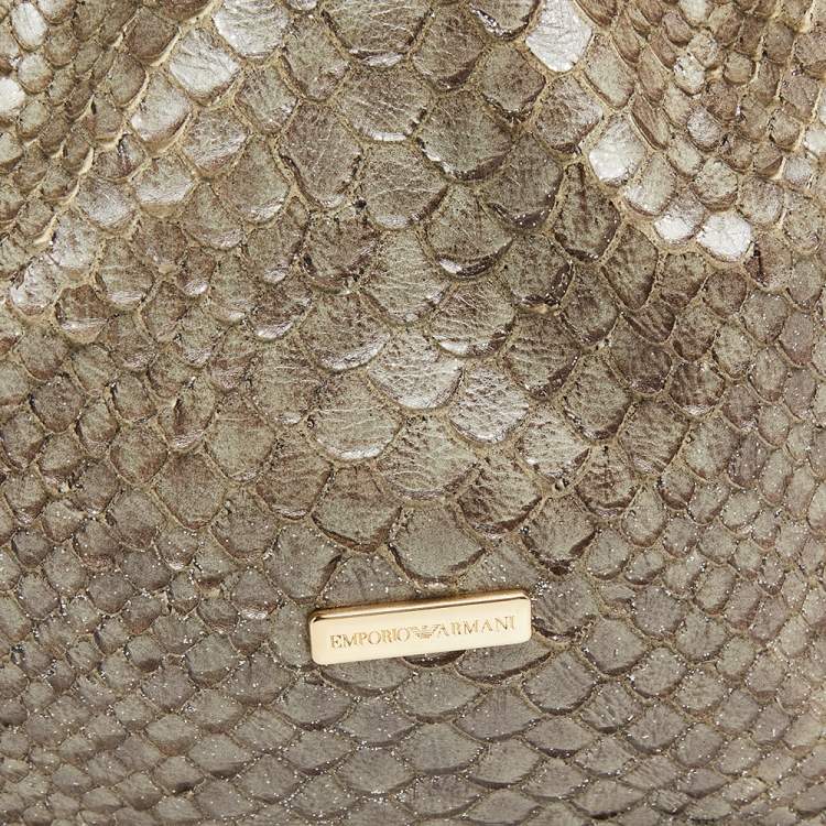 Pre Owned Emporio Armani Green Glittery Snakeskin Embossed Leather Chain Detail Hobo