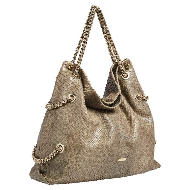 Pre Owned Emporio Armani Green Glittery Snakeskin Embossed Leather Chain Detail Hobo