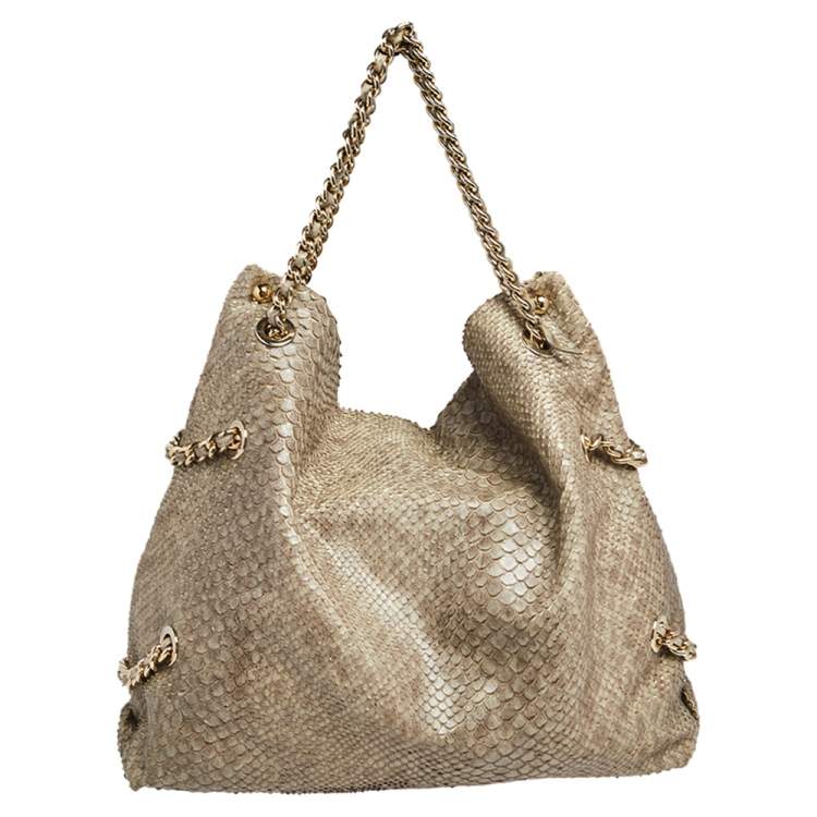 Pre Owned Emporio Armani Green Glittery Snakeskin Embossed Leather Chain Detail Hobo