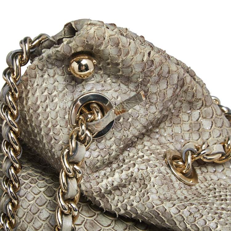 Pre Owned Emporio Armani Green Glittery Snakeskin Embossed Leather Chain Detail Hobo