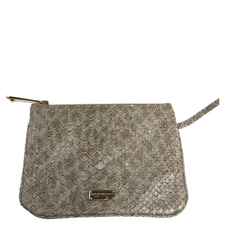 Pre Owned Emporio Armani Green Glittery Snakeskin Embossed Leather Chain Detail Hobo