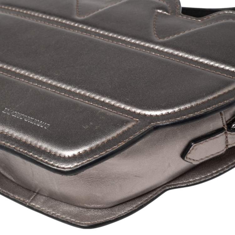 Pre Owned Emporio Armani Metallic Grey Leather Structured Logo Crossbody Bag