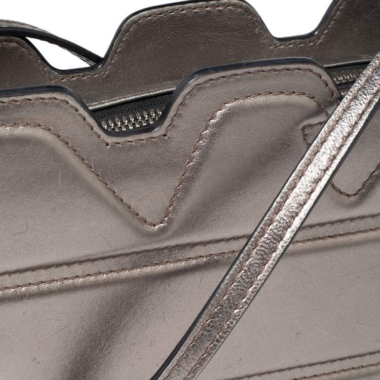 Pre Owned Emporio Armani Metallic Grey Leather Structured Logo Crossbody Bag