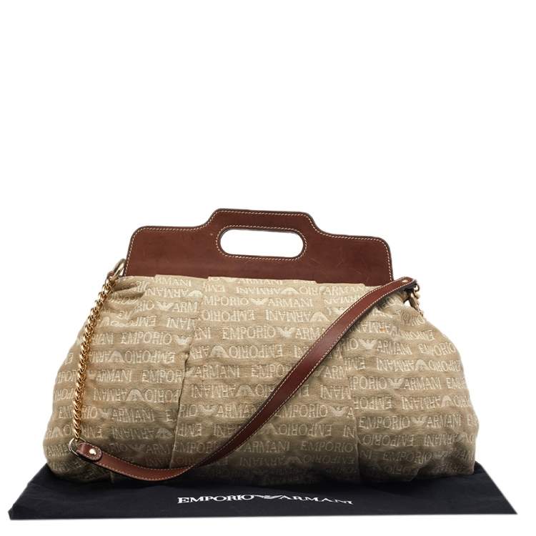 Pre Owned Emporio Armani Beige/Brown Monogram Canvas And Leather Shoulder Bag