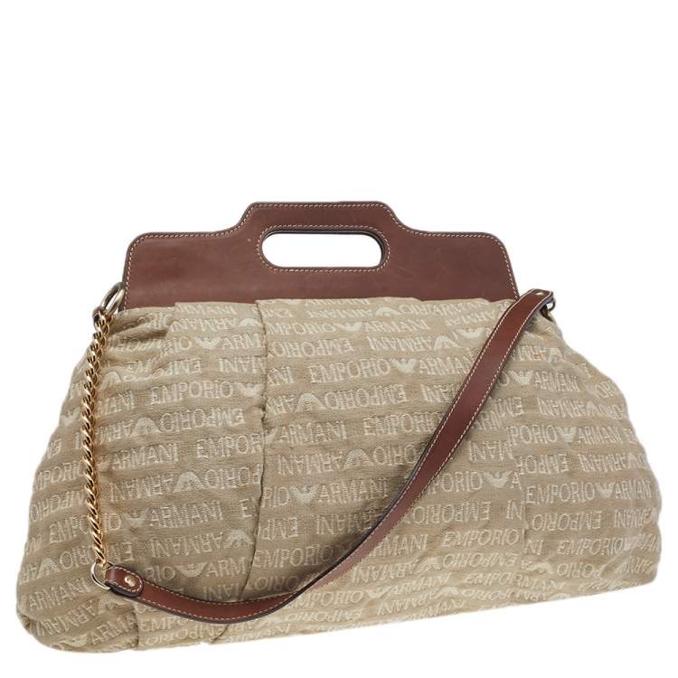 Pre Owned Emporio Armani Beige/Brown Monogram Canvas And Leather Shoulder Bag