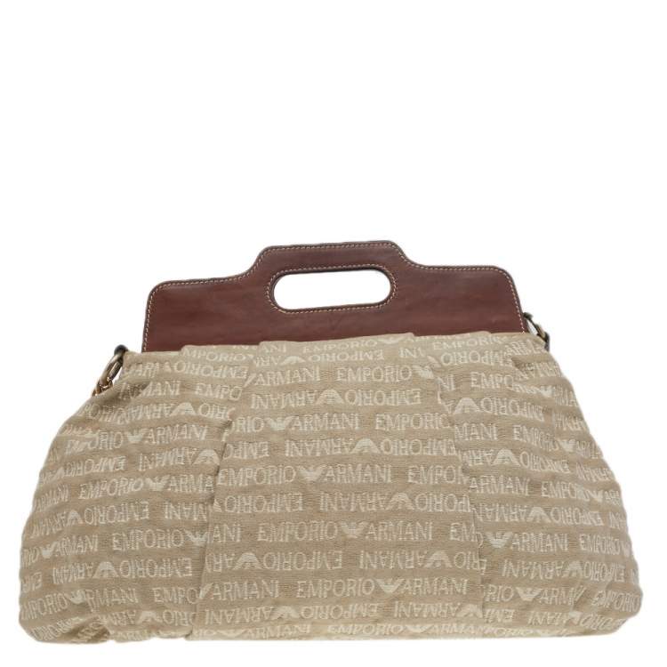 Pre Owned Emporio Armani Beige/Brown Monogram Canvas And Leather Shoulder Bag