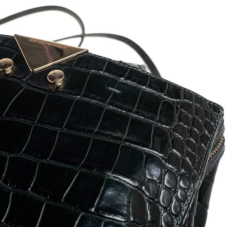 Pre Owned Emporio Armani Green Crocodile Embossed Leather Satchel 