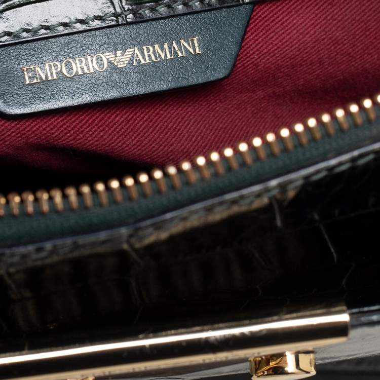 Pre Owned Emporio Armani Green Crocodile Embossed Leather Satchel 